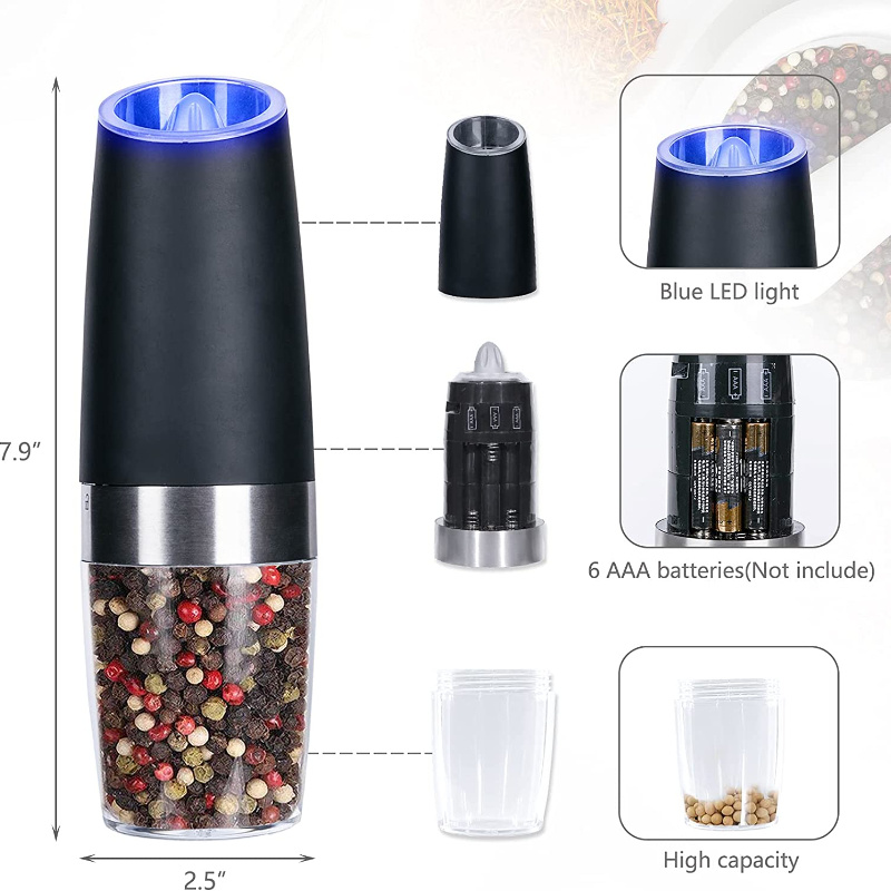 dropship Electric Salt and Pepper Grinders Stainless Steel Automatic Gravity Herb Spice Mill Adjustable Coarseness Kitchen Gadget Sets