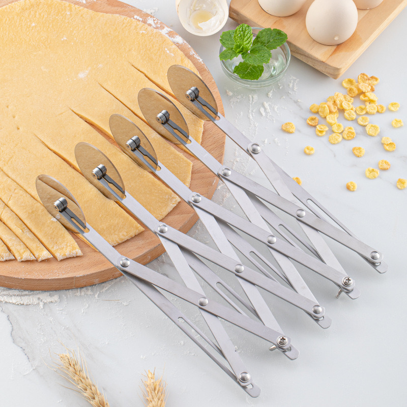 dropship 1pc Stainless Steel Fritters Cut Retractable Multi-wheel Noodle Cutter Roller Knife Pizza Knife Commercial Noodle Cutter Noodle Cutter