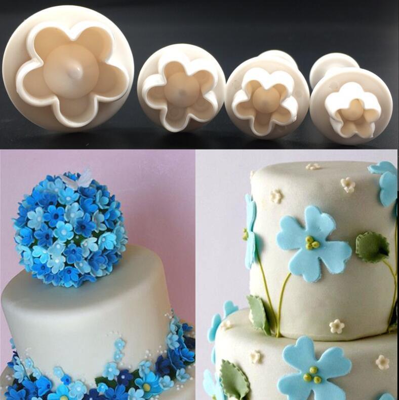 dropship 4Pcs/Set Plum Blossom Flower Plunger Fondant Cutter Sugar Craft Cake Decorating Tools DIY Cookie Stamper Baking Accessories