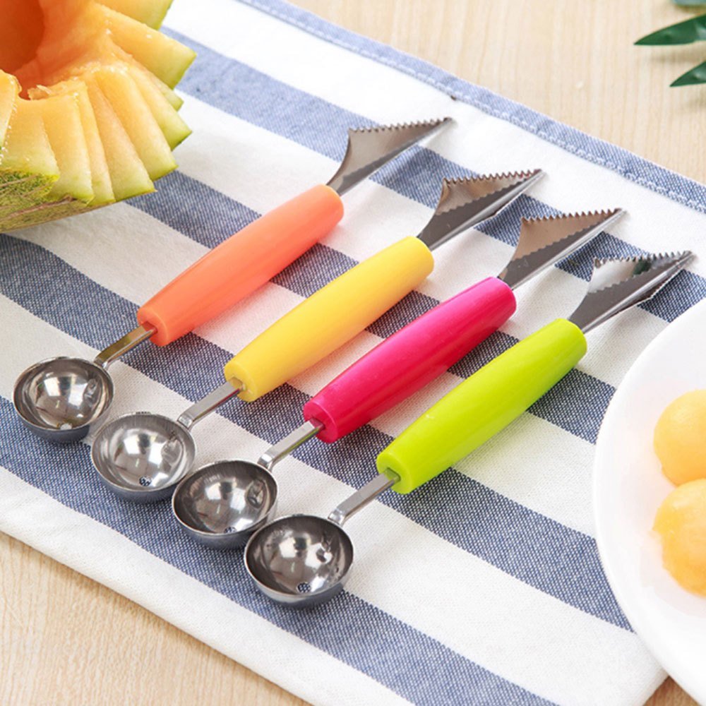 dropship Double Head Stainless Steel Fruit Digging Spoon; Corrugated Carving Knife Watermelon Fruit Platter Tool; Spoon Digger