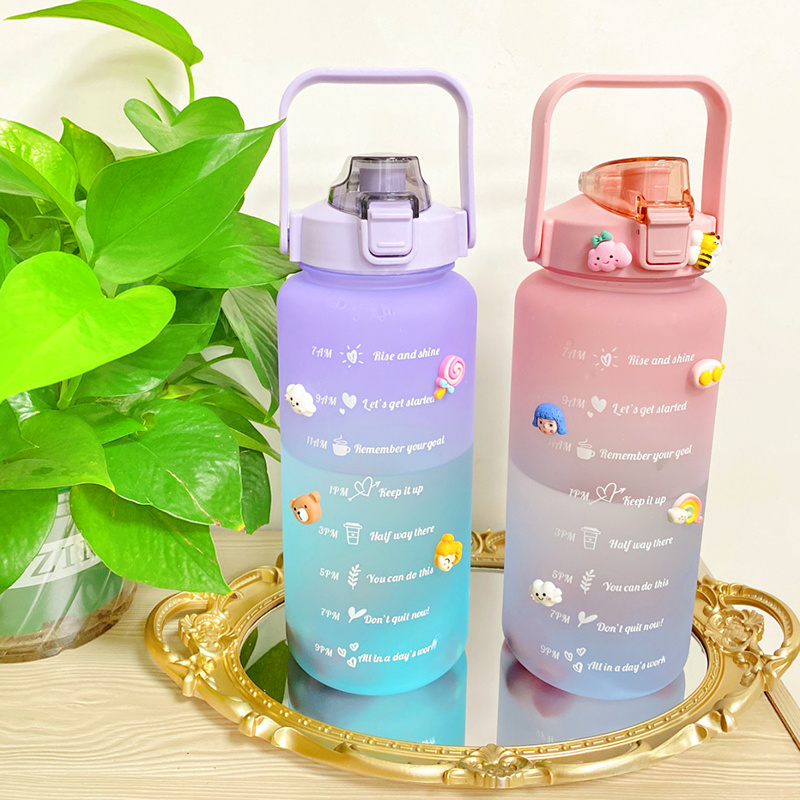 dropship 2L Large Capacity Water Bottle With Bounce Cover Time Scale Reminder Frosted Cup With Cute Stickers For Outdoor Sports Fitness