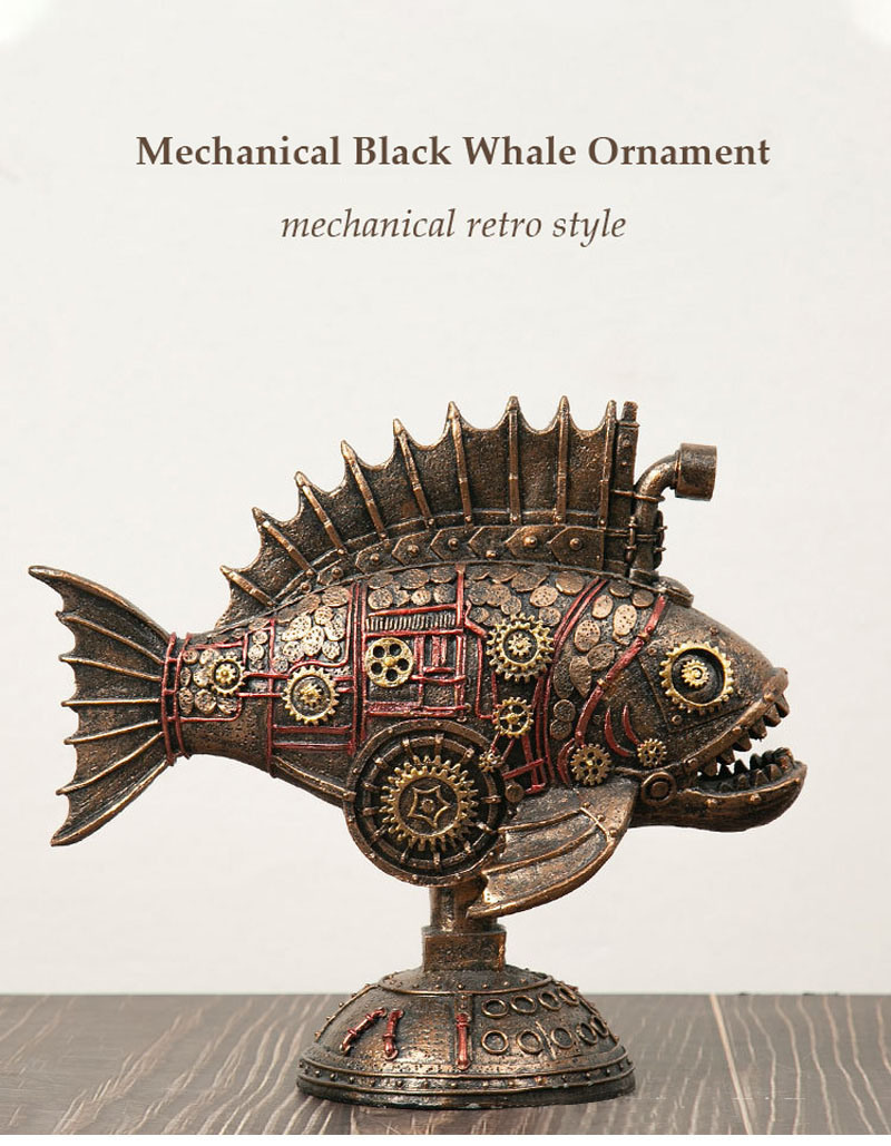 dropship NORTHEUINS Resin Retro Steampunk Blackfish Figurines Black Whale Classic American Craft Home Living Room Office Decor Accessorie