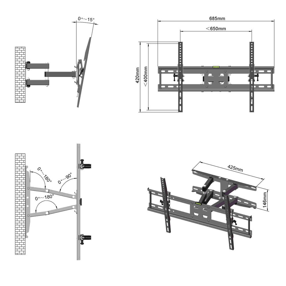 dropship LEADZM TMDS-204 32"-70" 110Lbs VESA600*400 Full Motion TV Wall Mount Tilt Range 0-15° YF