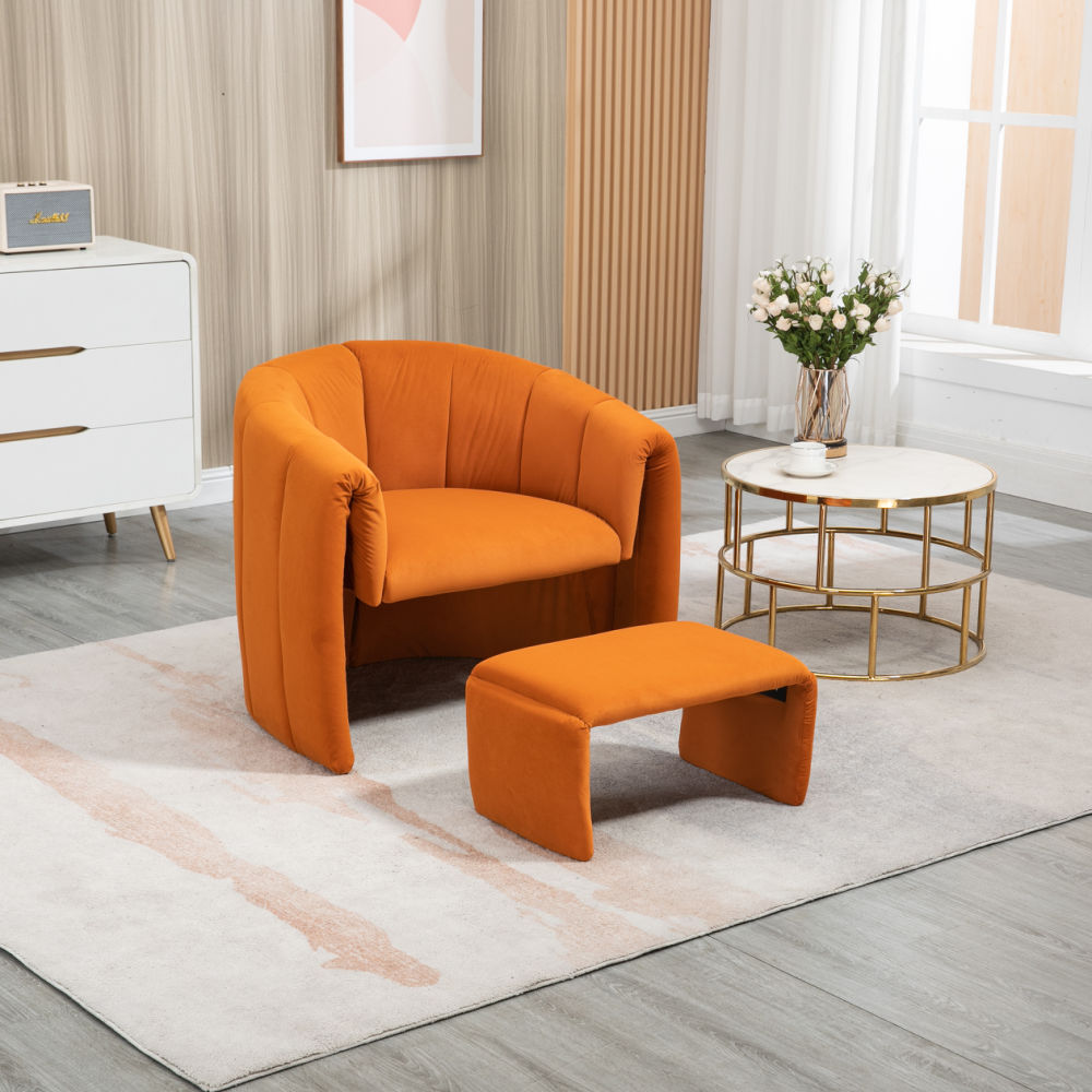 dropship COOLMORE Accent Chair with Ottoman, Mid Century Modern Barrel Chair Upholstered Club Tub Round Arms Chair for Living Room