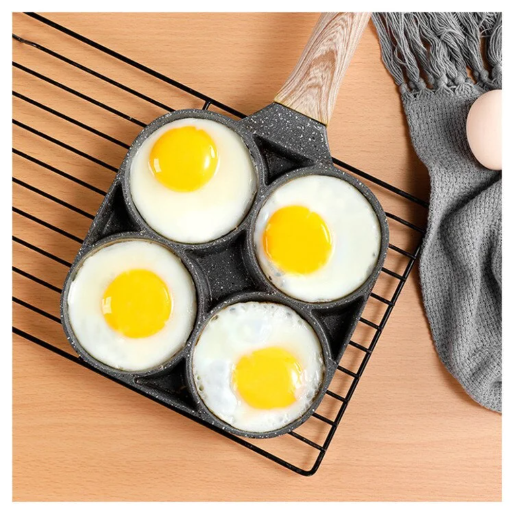 dropship 1pc Fry Pan For Egg, Non Stick Ham Pancake Maker, Egg Burger Pan With Wooden Handle, 4 Holes, For Induction Cooker Gas Stove