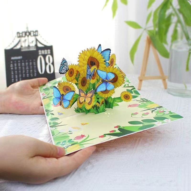dropship 1pc Sunflowers Pop Up Card Handmade 3D Greeting Card Gift For Girl Woman Boss Best Friends; Birthday; Mothers Day; Valentines Day; Anniversary; Includes Envelope And Note Tag
