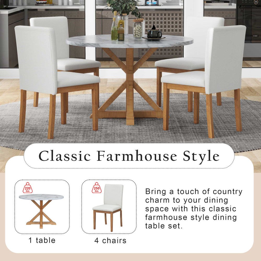dropship TREXM 5-Piece Farmhouse Style Dining Table Set, Marble Sticker and Cross Bracket Pedestal Dining Table, and 4 Upholstered Chairs (White+Walnut)