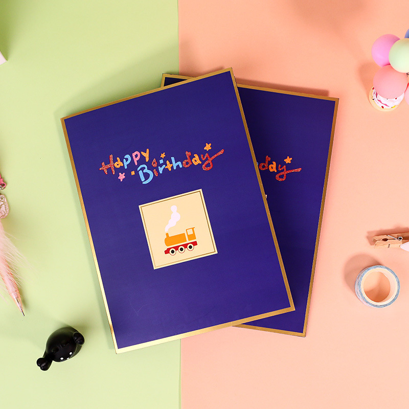 dropship 1pc 3D Birthday Cake Greeting Card; New Train Handwritten Card; Creative Children's Gift; Pop Up Greeting Card; Pop Up Card