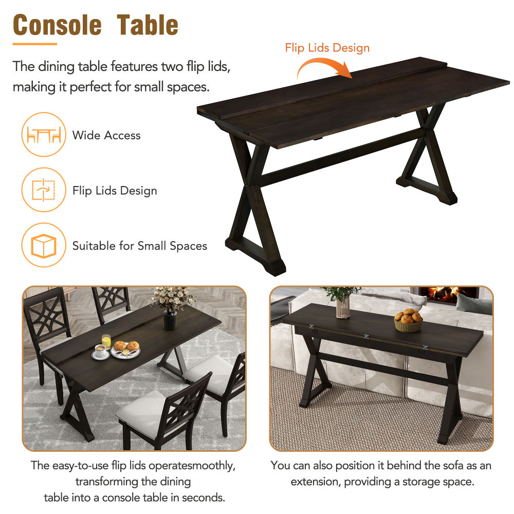 dropship TOPMAX 5-Piece 62*35.2inch Extendable Rubber Wood Dining Table Set with X-shape Legs,Console Table with Two 8.8Inch-Wide Flip Lids and Upholstered Dining Chairs ,Dark Walnut