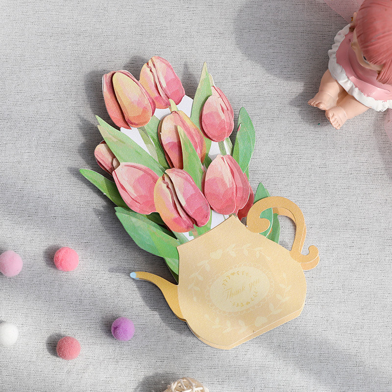 dropship 3pcs 3D Tulip Flower Greeting Card; Birthday Blessing Creative Handmade Paper Carving Ornament Greeting Card For Mom; Message Blessing Card; Best Mother's Day Gift