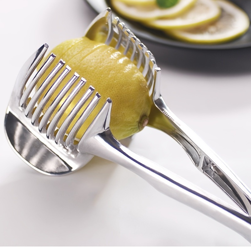 dropship 1pc Tomato Lemon Slicer Holder, Round Fruits Onion Shredder Cutter Guide Tongs With Handle, Stainless Steel Kitchen Cutting Potato Lime Food Stand
