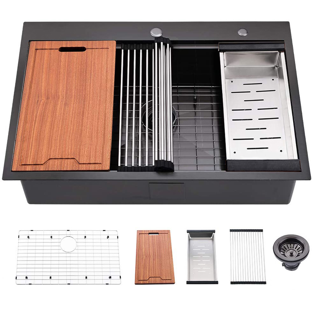 dropship Workstation 33-inch Drop-In Kitchen Sink R10 Radius Stainless Steel Kitchen Sink Single Bowl with Intergrated Ledge & Accessories (Pack of 5) -33"x22"x10"
