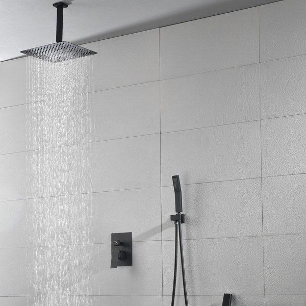 dropship Matte Black Shower Set System Bathroom Luxury Rain Mixer Shower Combo Set Ceiling Mounted Rainfall Shower Head Faucet