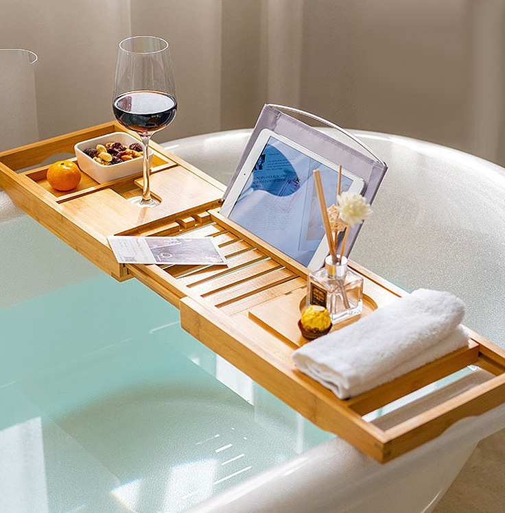 dropship Bathtub Caddy Tray Crafted Bamboo Bath Tray Table Extendable Reading Rack