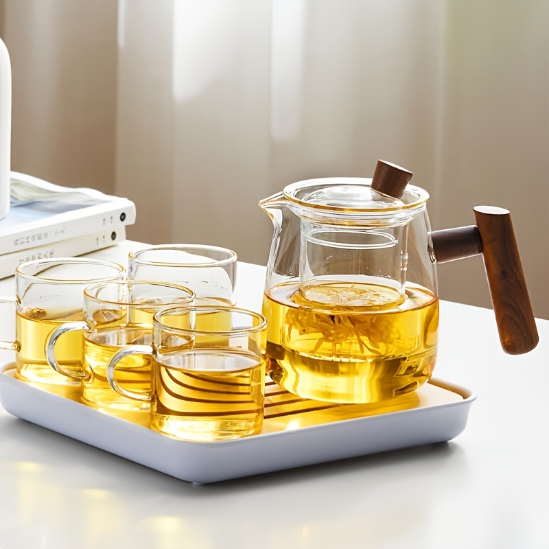 dropship 1pc High Borosilicate Heat-resistant Glass Teapot With Walnut Handle; 530ml/17.9oz; Removable Glass Filter; Transparent Tea Kettle