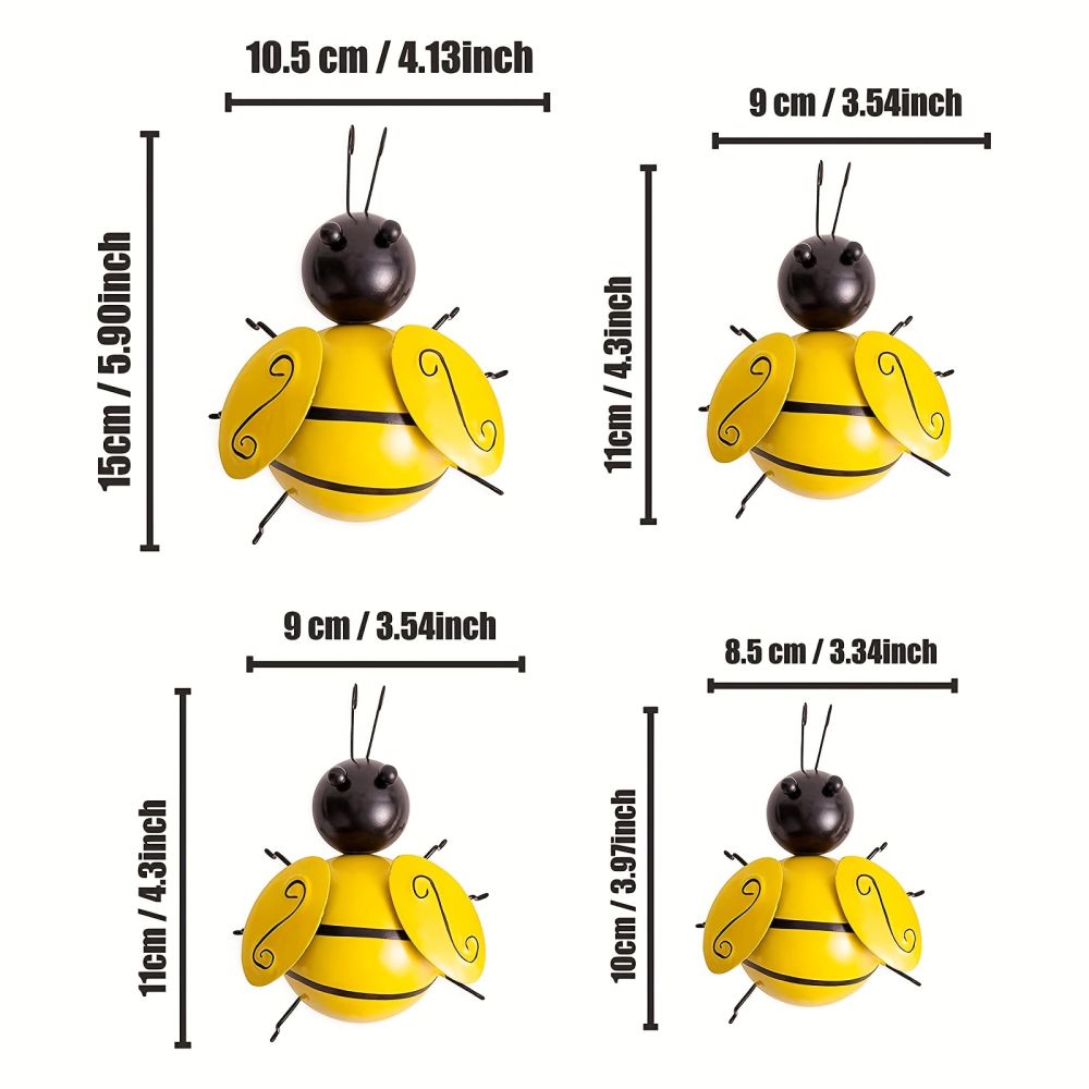 dropship 4pcs; Metal Wall Art; Metal Bumble Bee Wall Decor; 3D Iron Bee Art Sculpture Hanging Wall Decorations For Outdoor Home Garden