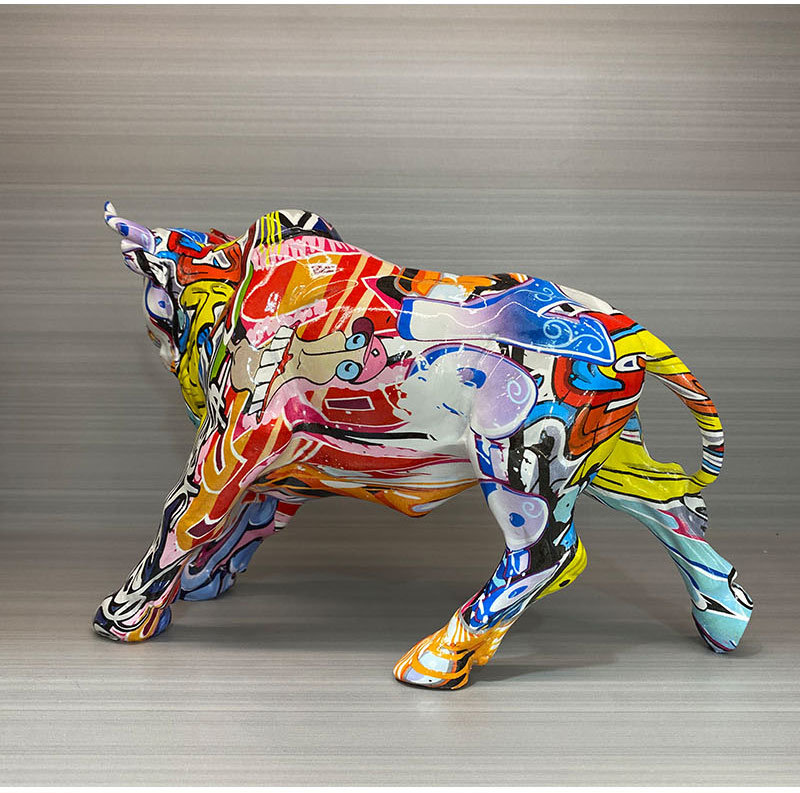 dropship NORTHEUINS Graffiti Painting Resin Bull Figurines Home Living Room Bedroom Office Desktop Feng Shui Ornaments Collection Statues