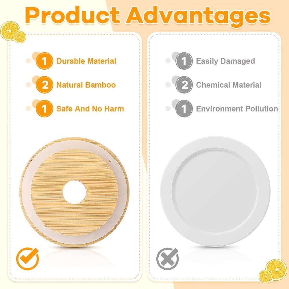 dropship 2/4pcs Bamboo Jar Lids With Straw Hole; Reusable Bamboo Jar Lids; Leak Proof Glass Canning Drinking Storage Jars; Canning Lids With Silicone Ring For Mason Canning Jar