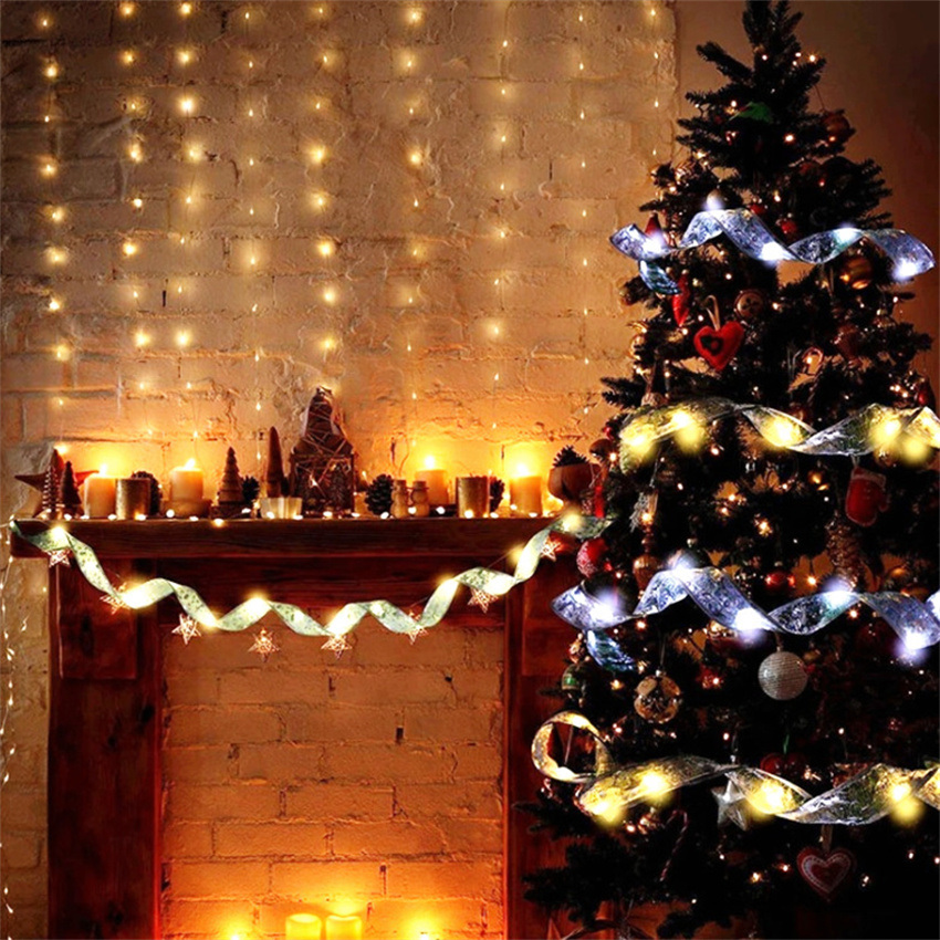 dropship Christmas Decoration LED Ribbon Lights Christmas Tree Ornaments DIY Lace Bows String Light Navidad Home Decoration New Year 2023