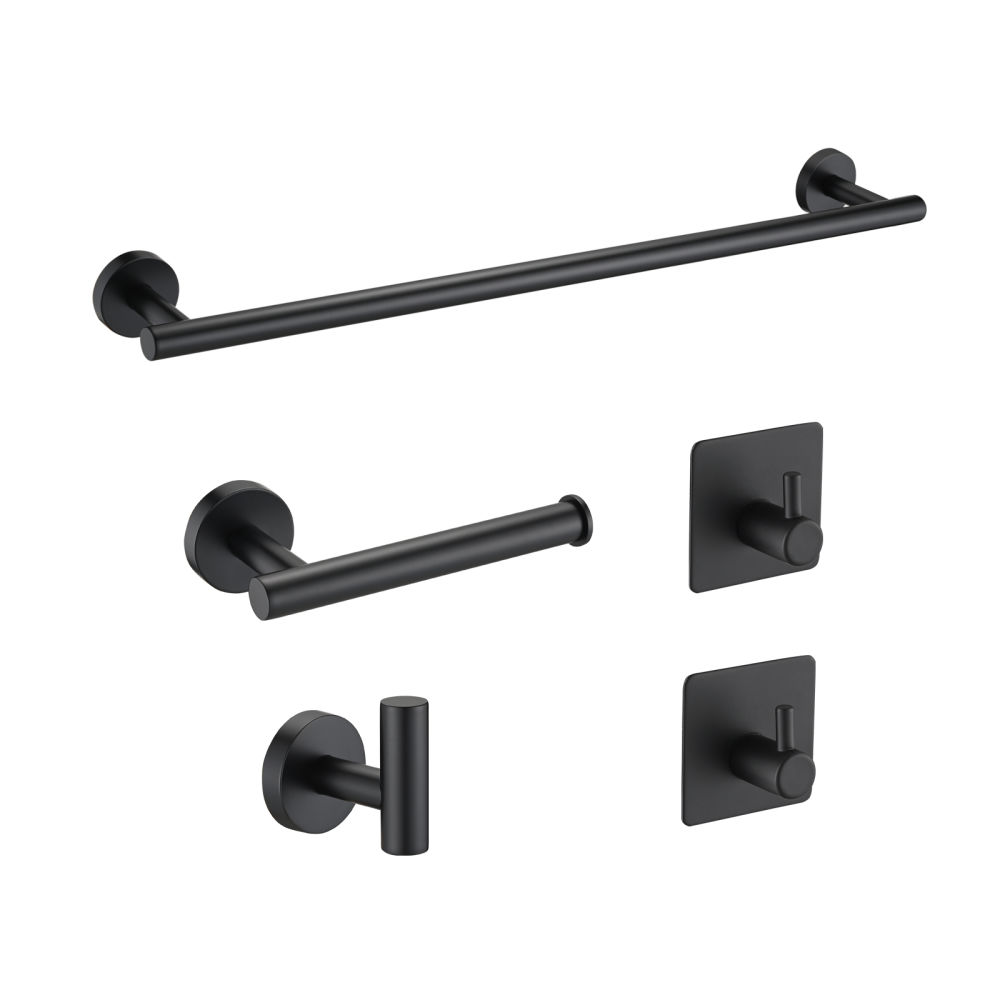 dropship Bathroom Hardware Set;  Matte Black Stainless Steel Bathroom Hardware Set;  Including 16" Hand Towel Bar;  Toilet Paper Holder;  Robe Towel Hooks;  Round Wall Mounted Set Bathroom Accessories Kit