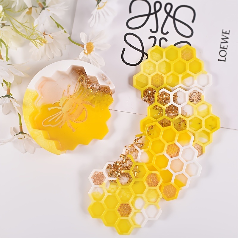 dropship 1pc/5pcs Crystal Drip Rubber Bee Coaster Honeycomb Honeycomb Coaster Setting Table Spacer Silicone Mold
