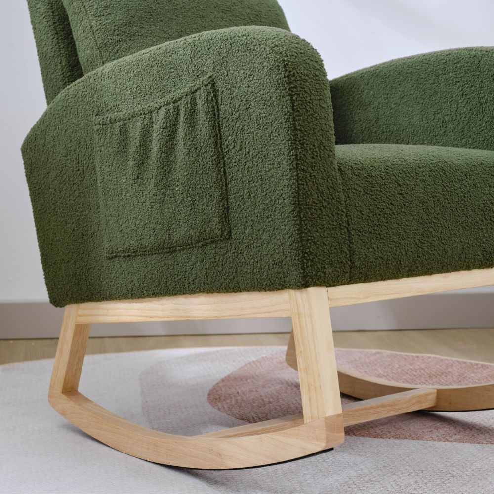 dropship Modern Accent Rocking Chair Rocking Chair with Solid Wood Legs, Upholstered Nursery Glider Rocker, Comfy Armchair with Side Pocket, Living Room Lounge Arm Chair with High Backrest (Dark green,teddy)