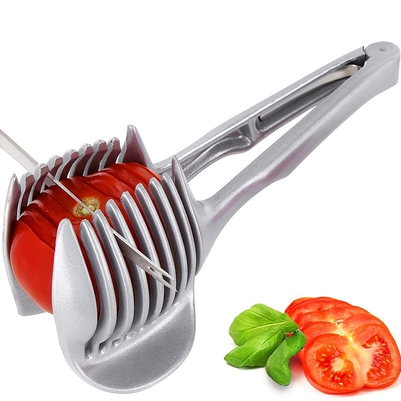 dropship 1pc Tomato Lemon Slicer Holder, Round Fruits Onion Shredder Cutter Guide Tongs With Handle, Stainless Steel Kitchen Cutting Potato Lime Food Stand