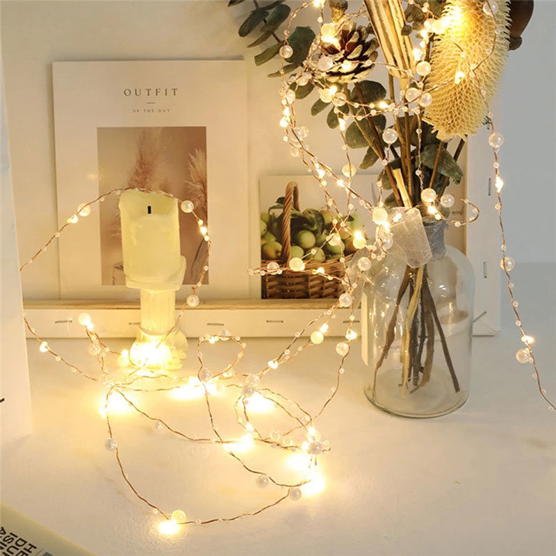 dropship 2/5/10m Pearl Wire Copper String Light Christmas Valentine Wedding Decoration for Home Wedding Party Mariage Garland Decoration