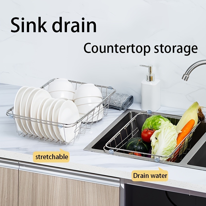 dropship 1pc Drain Rack; Drain Basket; Stainless Steel Kitchen Basket; Home Utensil Holder; Sink Basket; Retractable Sink Rack Suitable For Rectangular Sink Bowl Plate Organizer Storage