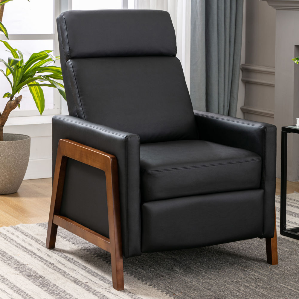 dropship Wood-Framed PU Leather Recliner Chair Adjustable Home Theater Seating with Thick Seat Cushion and Backrest Modern Living Room Recliners, Black(Old SKU:PP289527AAB)