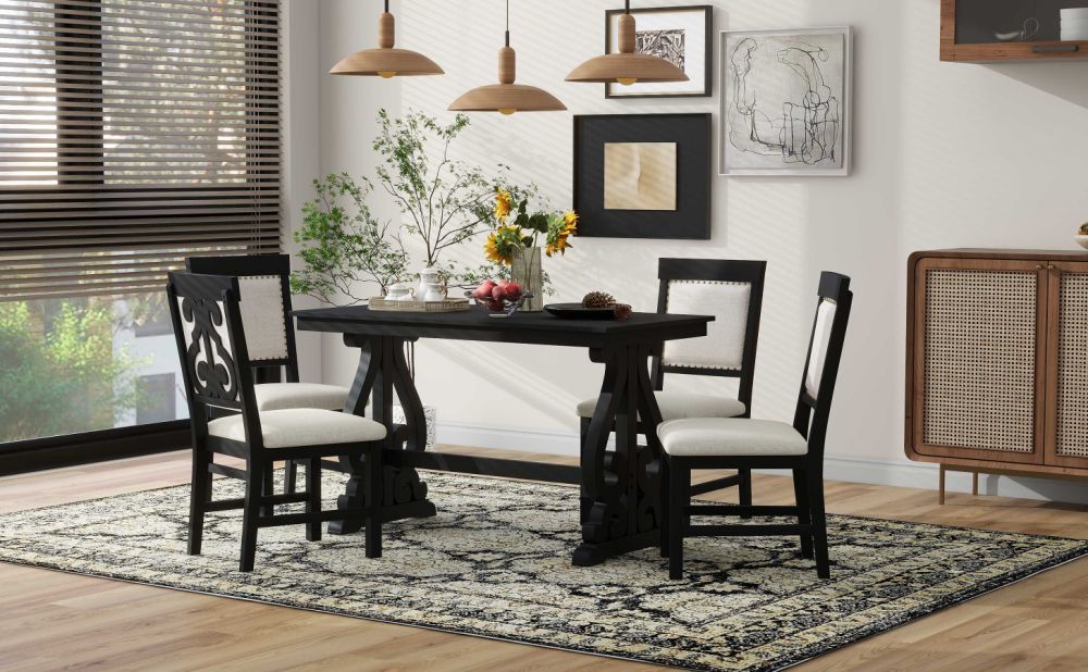 dropship TREXM 5-Piece Retro Dining Set, Rectangular Wooden Dining Table and 4 Upholstered Chairs for Dining Room and Kitchen (Black)
