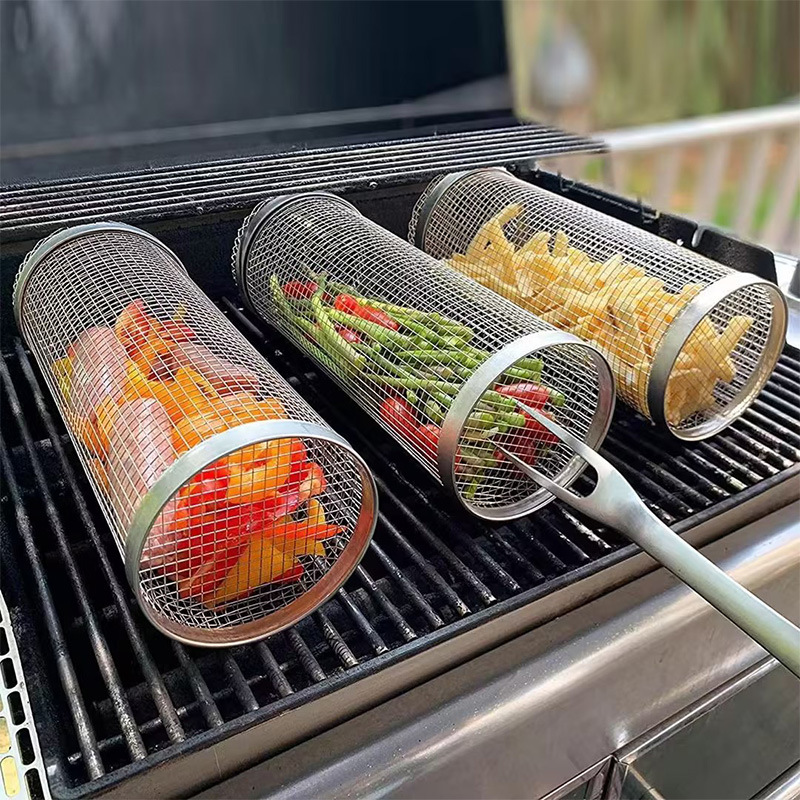 dropship Stainless Steel Barbecue Cooking Grill Grate Outdoor Camping BBQ Drum Grilling Basket Campfire Grid Picnic Cookware Kitchen Tool