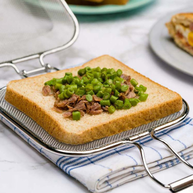 dropship Sandwich Toaster Bread Grill Net Stainless Steel Sandwich Grilling Basket Foldable Sandwich Baking Tool Oven Food Grill Rack