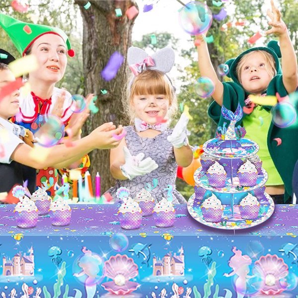 dropship Mermaid Cake Stand Dessert Table Display Set Serving Tray 3-Tier Cardboard Cupcake Stand Holder Tower Round Desserts Pastry Birthday Party Supplies for 12-18 Cupcakes