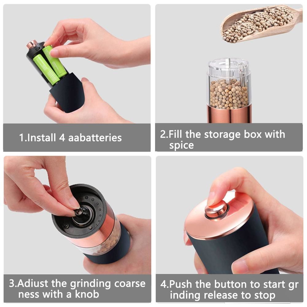 dropship 1PCS Electric Grinder Built In Light Adjustable Grind Size Stainless Steel Mill For Salt Pepper Spices Kitchen Tools