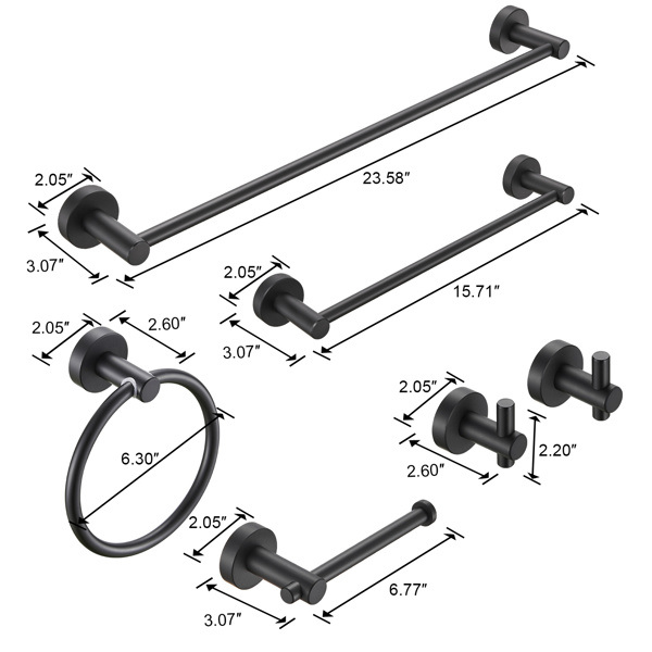 dropship Bathroom Hardware Set; Thicken Space Aluminum 6 PCS Towel bar Set- Matte Black 24 Inches Wall Mounted