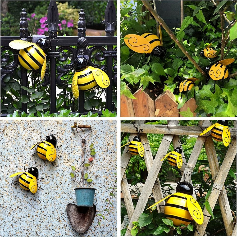 dropship 4pcs; Metal Wall Art; Metal Bumble Bee Wall Decor; 3D Iron Bee Art Sculpture Hanging Wall Decorations For Outdoor Home Garden