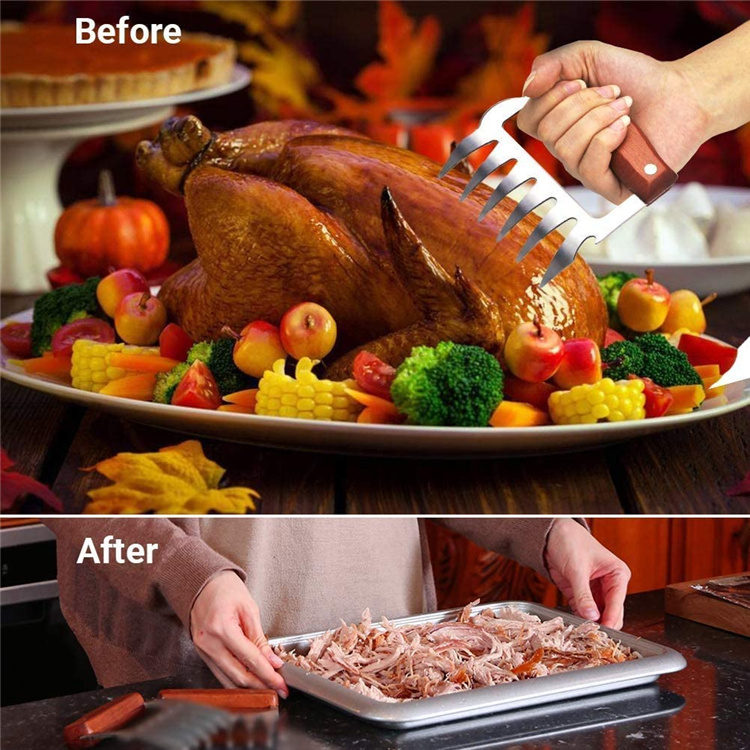dropship LMETJMA Bear Claws Stainless Steel BBQ Meat Shredder Claws with Wooden Handle Bottle Opener Turkey Chicken Claws KC0423