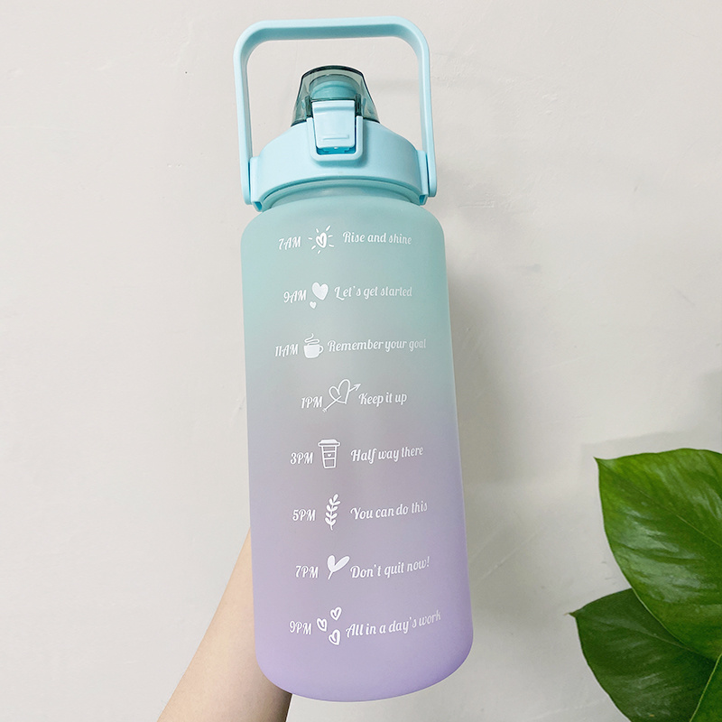 dropship 2L Large Capacity Water Bottle With Bounce Cover Time Scale Reminder Frosted Cup With Cute Stickers For Outdoor Sports Fitness