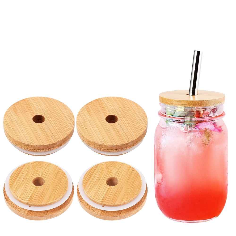 dropship 2/4pcs Bamboo Jar Lids With Straw Hole; Reusable Bamboo Jar Lids; Leak Proof Glass Canning Drinking Storage Jars; Canning Lids With Silicone Ring For Mason Canning Jar