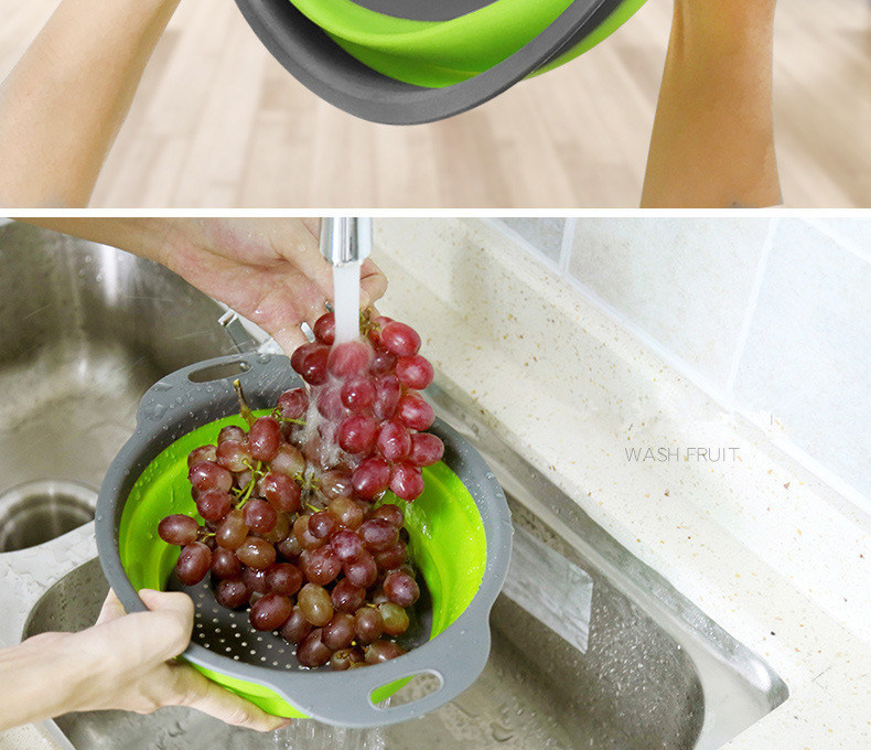 dropship Factory Direct Sales Silicone Foldable Vegetable Basket Kitchen Drain Basket Plastic Vegetable Washing Basin round Creative Vege