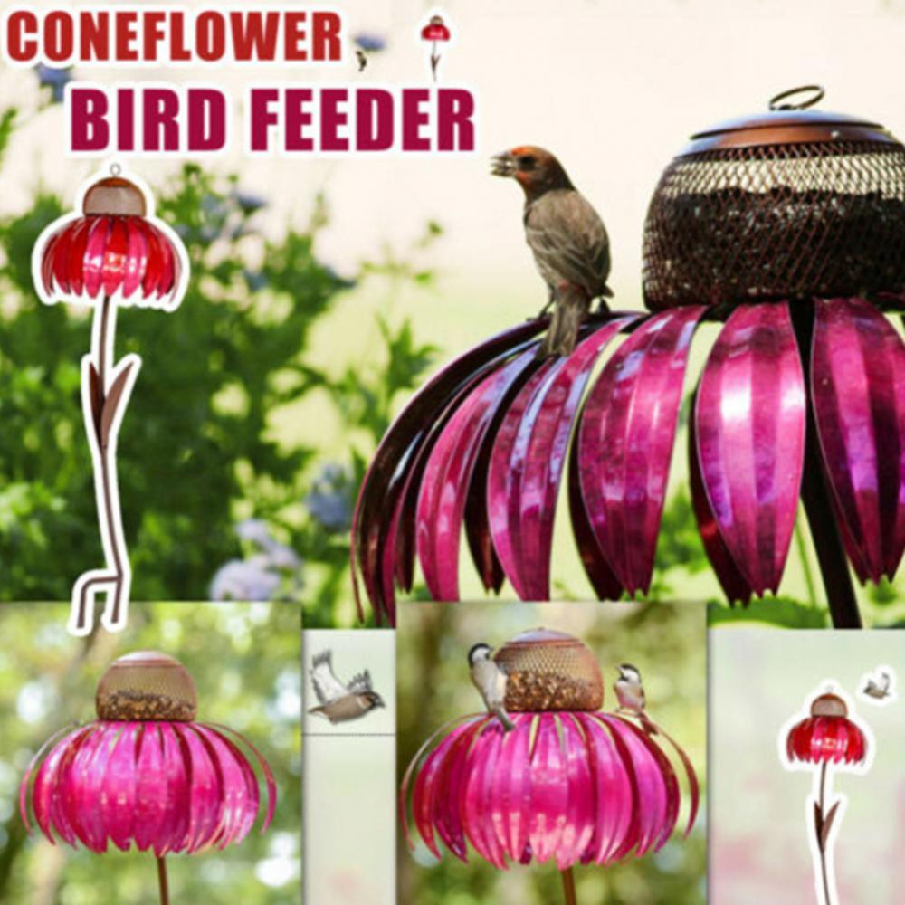 dropship Pink Coneflower Bird Feeder Outdoor Decoration Garden Flower Picaflor Wild Bird Feeder Feeding Outside Rust Resistant Art Metal