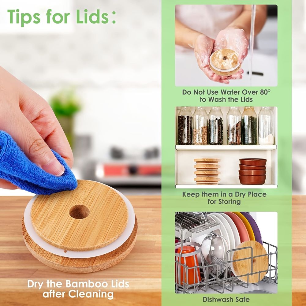 dropship 2/4pcs Bamboo Jar Lids With Straw Hole; Reusable Bamboo Jar Lids; Leak Proof Glass Canning Drinking Storage Jars; Canning Lids With Silicone Ring For Mason Canning Jar