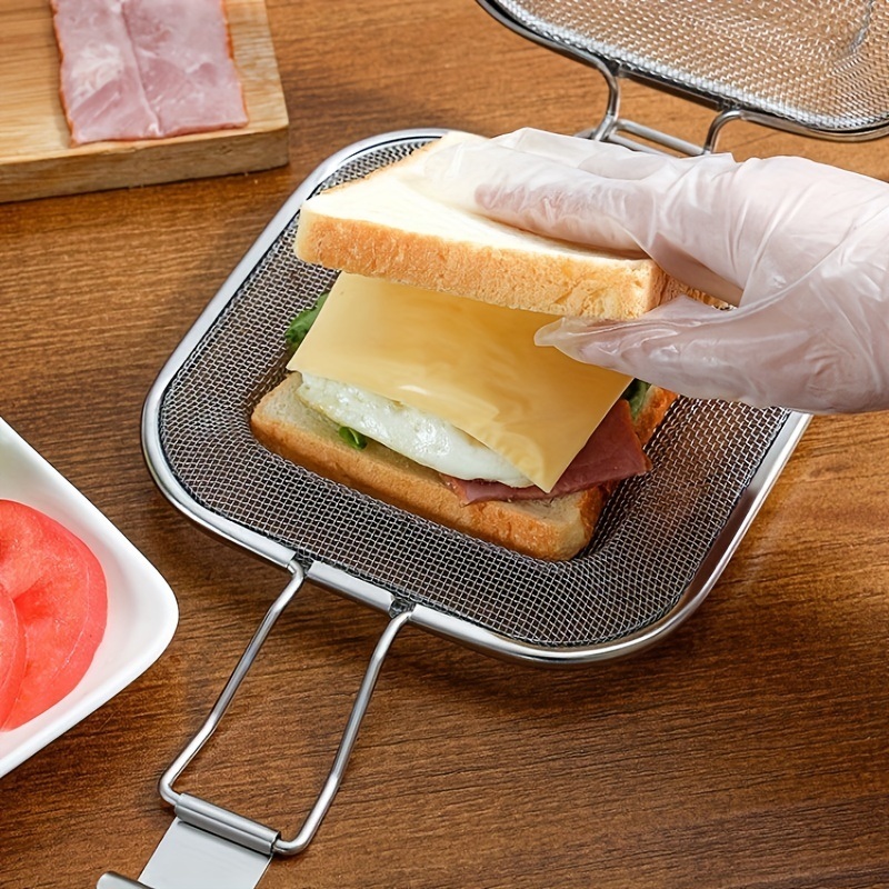 dropship Sandwich Toaster Bread Grill Net Stainless Steel Sandwich Grilling Basket Foldable Sandwich Baking Tool Oven Food Grill Rack