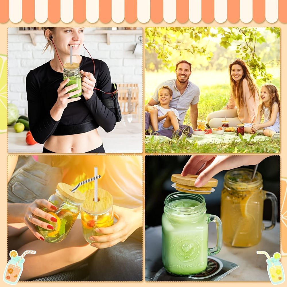 dropship 2/4pcs Bamboo Jar Lids With Straw Hole; Reusable Bamboo Jar Lids; Leak Proof Glass Canning Drinking Storage Jars; Canning Lids With Silicone Ring For Mason Canning Jar