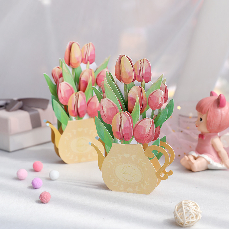 dropship 3pcs 3D Tulip Flower Greeting Card; Birthday Blessing Creative Handmade Paper Carving Ornament Greeting Card For Mom; Message Blessing Card; Best Mother's Day Gift