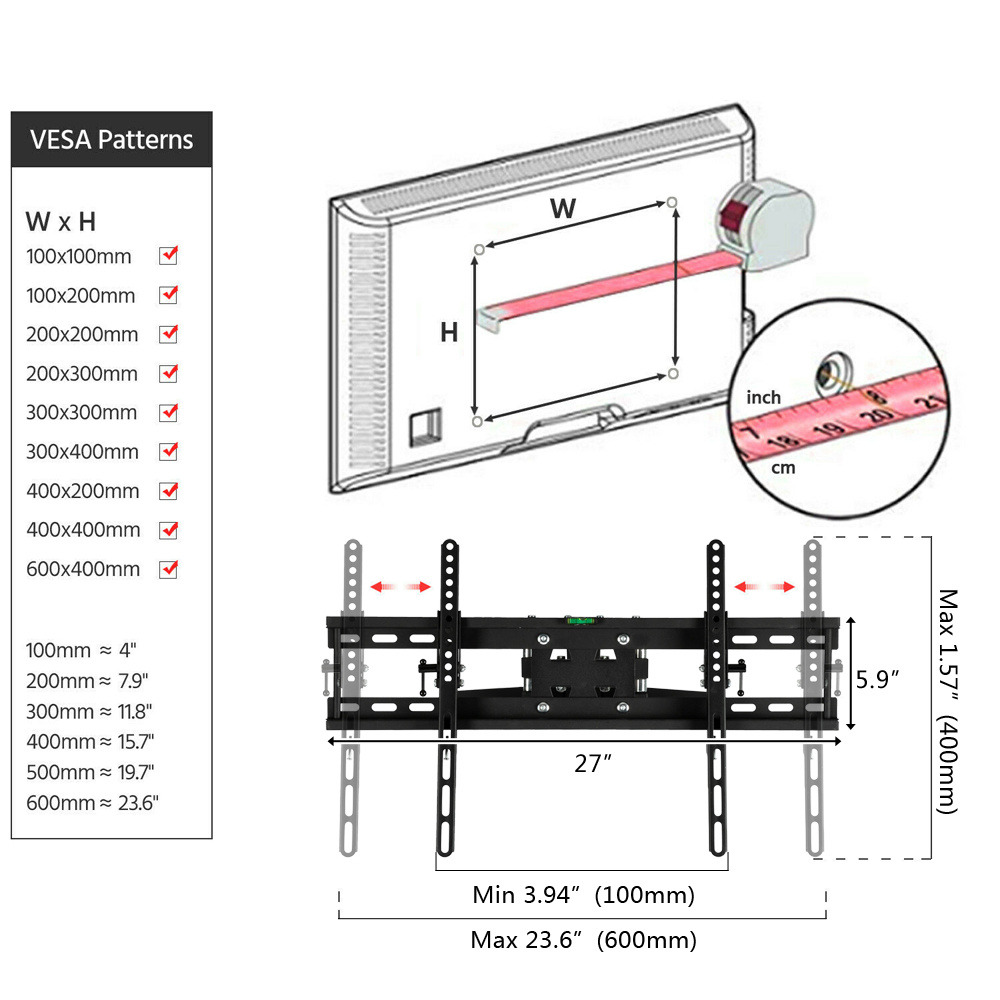 dropship LEADZM TMDS-204 32"-70" 110Lbs VESA600*400 Full Motion TV Wall Mount Tilt Range 0-15° YF