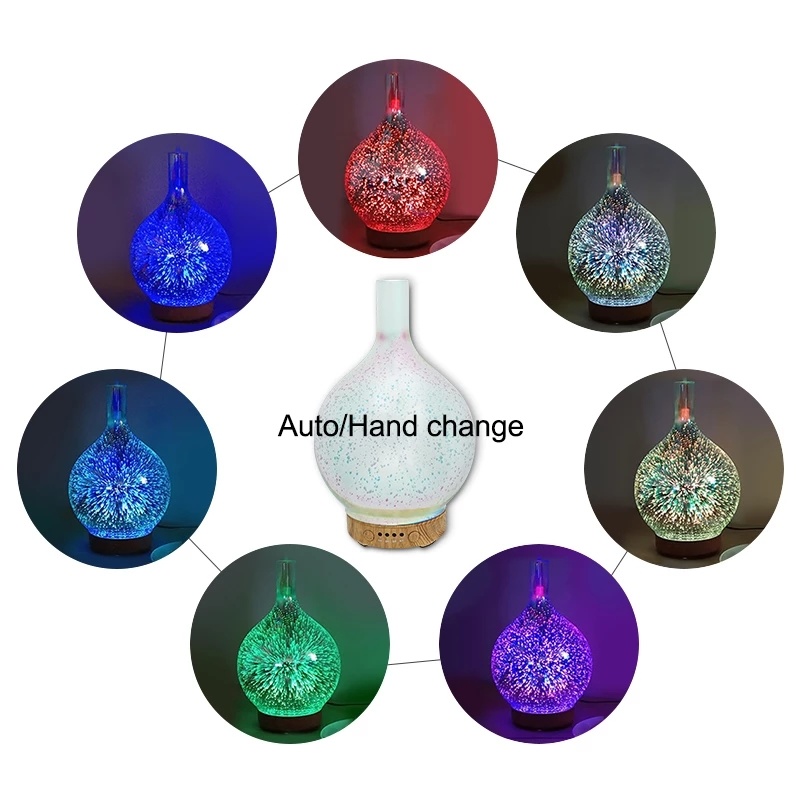 dropship 3D Fireworks Glass Vase Humidifier with 7 Color Led Night Light Aroma Essential Oil Diffuser Cool Mist Maker for Home Office