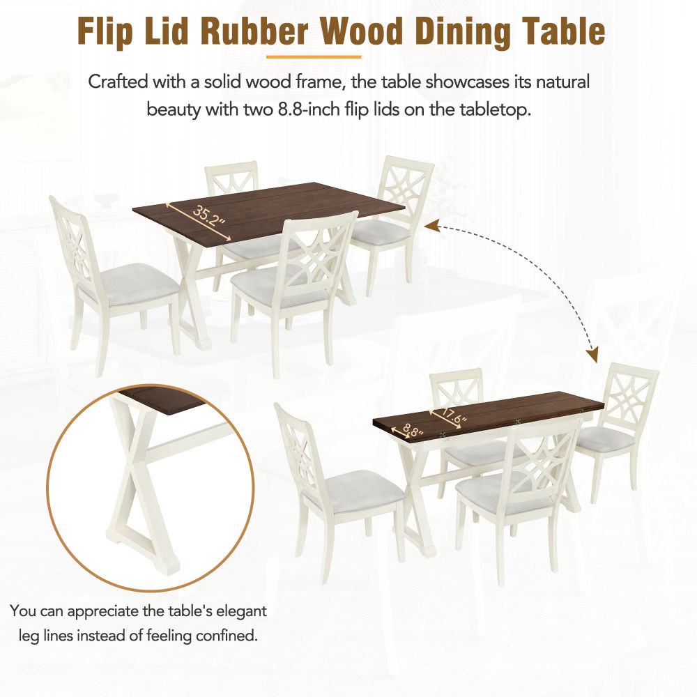 dropship TOPMAX 5-Piece 62*35.2inch Extendable Rubber Wood Dining Table Set with X-shape Legs,Console Table with Two 8.8Inch-Wide Flip Lids and Upholstered Dining Chairs ,Beige