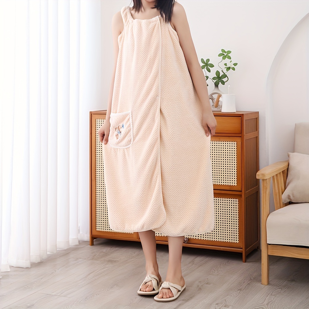 dropship 1pc Women's Shower Dress; Wearable Bath Wrap Towels For Women; Patched Pocket Bathrobe; Shower Spa Wrap For Sauna Beach Pool; Super Absorbent Bath Skirt; Big Bath Towel